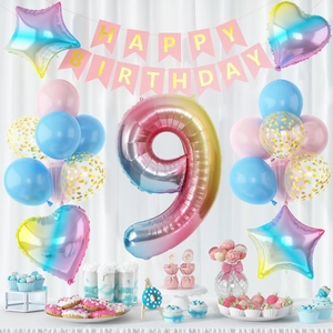 Rainbow gradient number 9 balloon set with Happy Birthday banner and confetti balloons