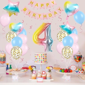 Rainbow gradient number 4 balloon set with Happy Birthday banner and confetti latex balloons