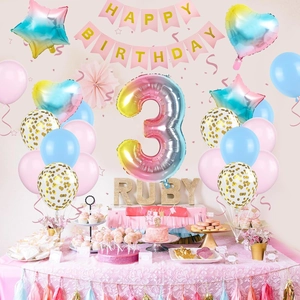 Rainbow gradient 40-inch number 3 balloon with happy birthday banner party decorations