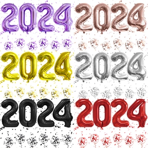 2024 Number Balloons Foil And Confetti Latex Balloon New Year Eve Party Decoration Metallic Festive Photo Props