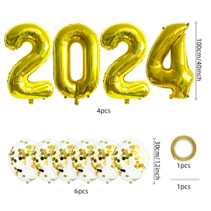 Golden 40-inch 2024 aluminum foil number balloons set with 12-inch gold confetti balloons