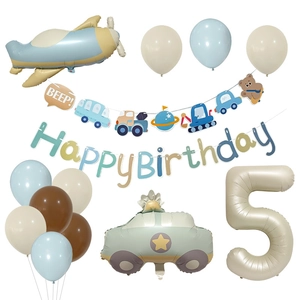 Retro plane and car birthday balloon set with cream number 5 for 5th party decor