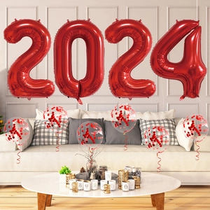 Red 2024 foil number balloons set with sequin balloons for New Year home party decor