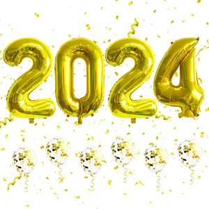 Close-up of 40-inch 2024 gold foil balloons and clear confetti latex balloons set