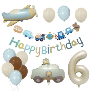 Airplane and car foil balloon set with Happy Birthday banner for 6th birthday decor