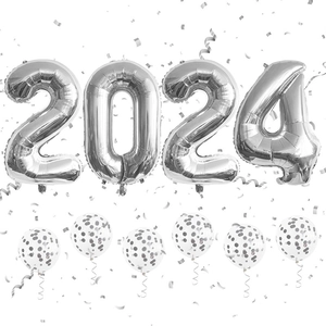 Silver 2024 number balloons set with transparent silver confetti balloons for New Year