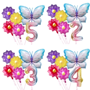 Gradient Ice Blue Butterfly Flower Aluminum Foil Balloons With Large Number For Children Birthday Party Decoration Background