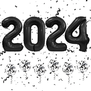 Detail of 40-inch black 2024 foil balloons and transparent black confetti latex balloons