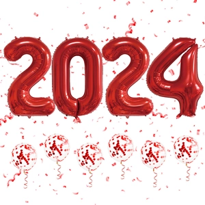 Macro shot of 2024 red foil number balloons and clear latex balloons with red sequins