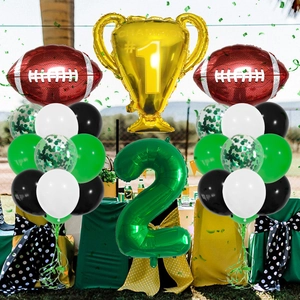 Football party balloon set with gold champion trophy and green number two balloon decoration