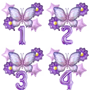 Purple Butterfly Balloon Decoration Aluminum Foil Numbered Birthday Ornament For Kids Party Fairy Theme Celebration