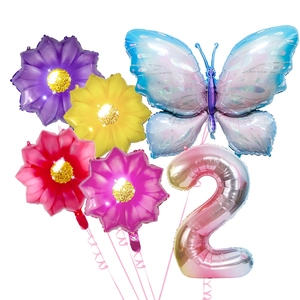 Gradient blue butterfly and flower balloons with 40-inch number 2 for birthday party decor