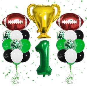 Close-up of Super Bowl party balloon set with gold champion trophy and green number one