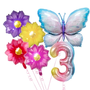 Detailed set of butterfly and flower foil balloons with gradient rainbow number three