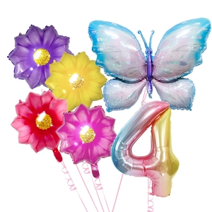 Blue butterfly flower balloon kit with rainbow number 4 for birthday party decoration