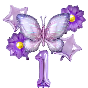 Detail of purple butterfly balloon set with star and flower shapes for 1st birthday party