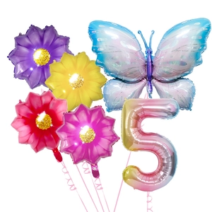 Detailed view of ice blue butterfly and colorful flower foil balloons for 5th birthday decor
