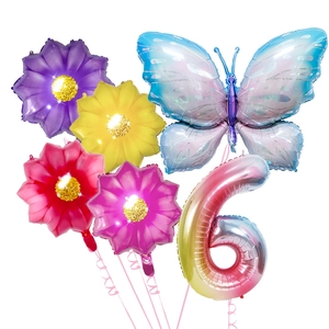 Ice blue butterfly and flower balloon set with 40-inch gradient number 6 for birthday party