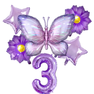 6pcs purple butterfly balloon set including number 3 and floral shapes for birthday parties