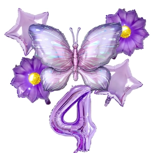 Detail of purple butterfly foil balloon set with number four and flowers for party decor