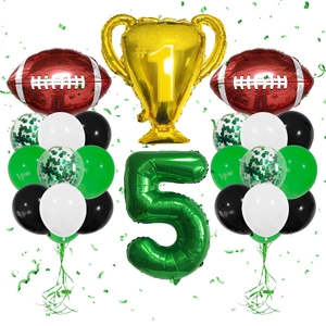 Football theme 5th birthday balloon set with gold trophy and green number five balloon