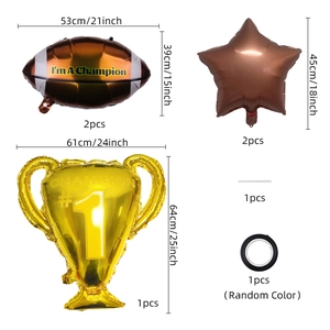 Detail set of football party balloons with trophy and champion rugby ball dimensions