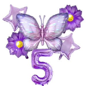 Purple butterfly and number 5 foil balloon set for birthday party decorations