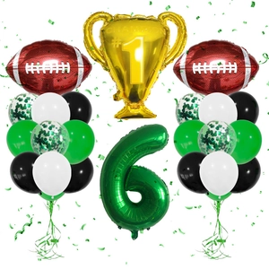 Super Bowl theme balloon set with gold champion trophy and green number 6 foil balloons