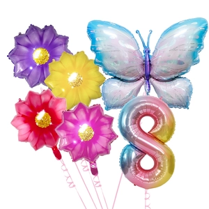 Icy blue butterfly balloon set with colorful flowers and gradient number 8 balloon