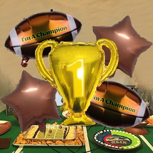 Detailed view of Super Bowl 5-piece balloon set with champion trophy and football foil balloons