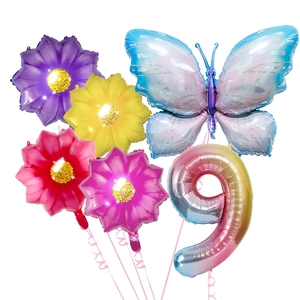 Ice blue butterfly and rainbow number 9 balloon set for a 9th birthday party decoration