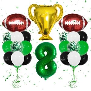 Detail of football balloon set featuring #1 Champion trophy and green number 8 balloon