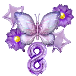 Detailed set of purple butterfly and number 8 foil balloons for party decorations