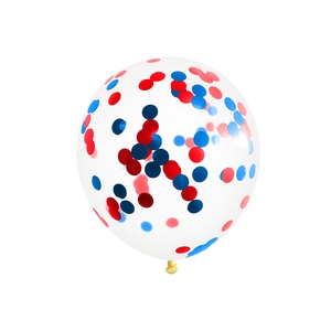 Dettaglio di un palloncino trasparente con coriandoli rossi e blu per decorazioni