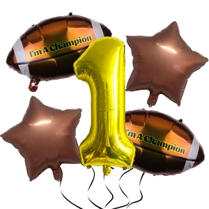 Close-up of Super Bowl party balloon set with golden number 1 and football shapes