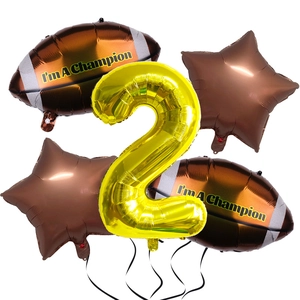 Detailed set of golden number 2 foil balloon and brown star and football balloons