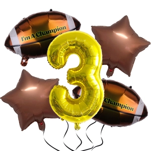 5-piece American football foil balloon set with champion text and yellow number 3 for parties