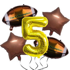 Super Bowl theme football balloon set with golden number 5 and champion star balloons