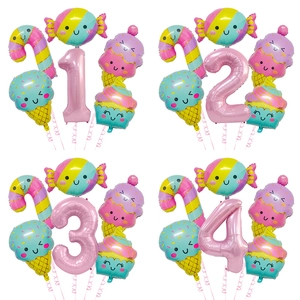 Cute Dessert Theme Aluminum Foil Balloons Pink Number Ice Cream Candy Cupcake Birthday Party Decorations Macaron Style