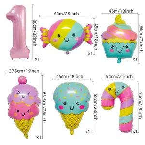 Size guide for candy ice cream balloon set with dimensions of number 1 and sweets shapes