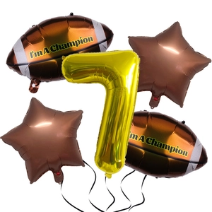 Close-up of Super Bowl party balloon kit with number 7 and champion football balloons