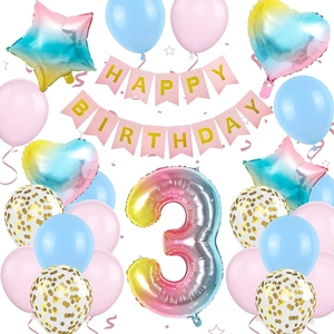 3rd Birthday Party Set with 40-inch Gradient Number 3 Balloon and Pastel Star Heart Balloons