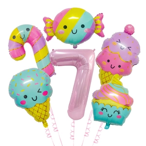 Detail of candy and ice cream foil balloons set with number seven for birthday decor