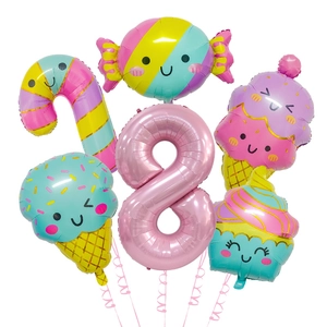 Pastel candy and ice cream foil balloon set with a large pink number 8 for kids birthdays