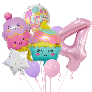 Kit ballon chiffre 4 rose avec ballons crème glacée et cupcake pour anniversaire
