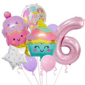 Détails du kit ballons d'anniversaire avec chiffre 6 rose et motifs glace beignet