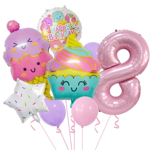 Set de ballons chiffre 8 rose avec glaces et cupcakes mignons pour anniversaire de fille