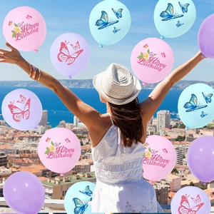Birthday balloon set with butterfly prints and Happy Birthday text in a scenic outdoor setting