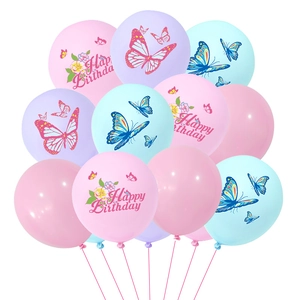 Detail of pink and purple butterfly balloons with Happy Birthday prints for party decor