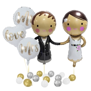 Wedding party balloon set featuring bride groom shape and Mr Mrs gold print designs